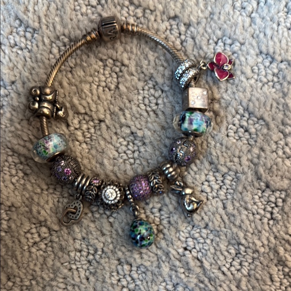 Pandora Silver and Purple Charm Bracelet
